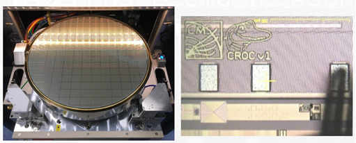 The picture shows one RD53B-CMS wafer on the probe station and a zoomed view of the chip logo