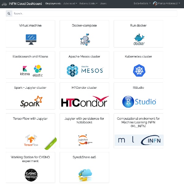 L'immagine mostra il portfolio dei servizi di INFN Cloud disponibile attraverso la Dashboard della PaaS.